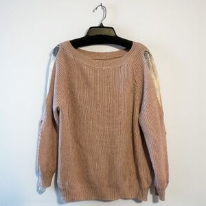 Cozy Pink Knit Sweater w/ Lace Sleeves